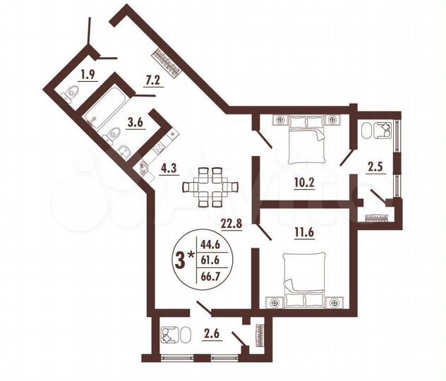 3-к. квартира, 66,7 м², 10/16 эт.