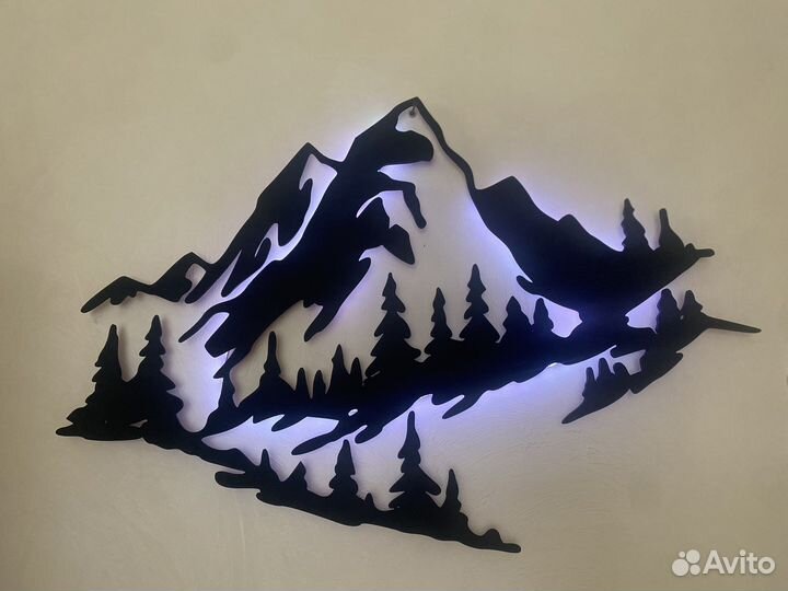 Картина панно деревянное «горы» с подсветкой