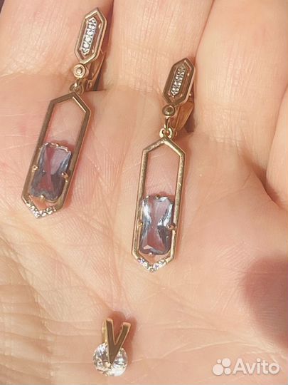 Серьги кожа Испания, подвеска с фианитом