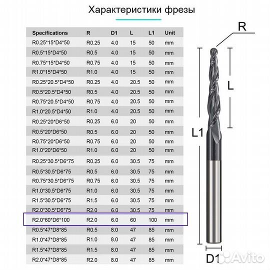 Фреза конусная спиральная R2.0х6х60х100 мм