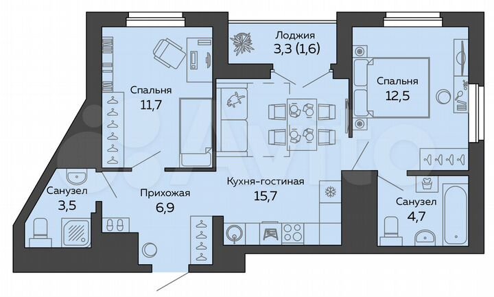 2-к. квартира, 56,5 м², 21/25 эт.