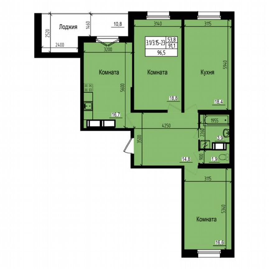 3-к. квартира, 96,5 м², 15/23 эт.