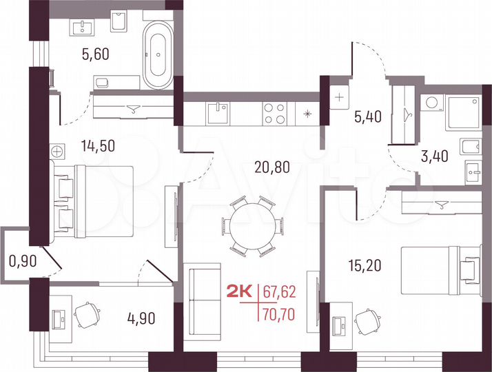 2-к. квартира, 67,6 м², 7/25 эт.