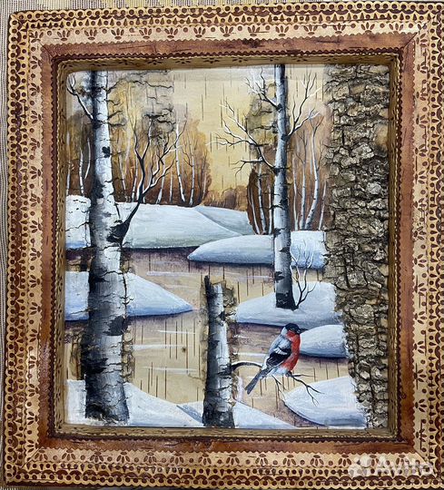 Картина на бересте. р.39х36. Береза.Ручная работа