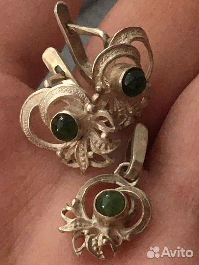 Серебряный набор нефрит коралл, винтаж 875