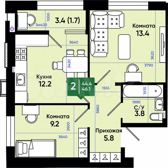 2-к. квартира, 46,1 м², 1/3 эт.