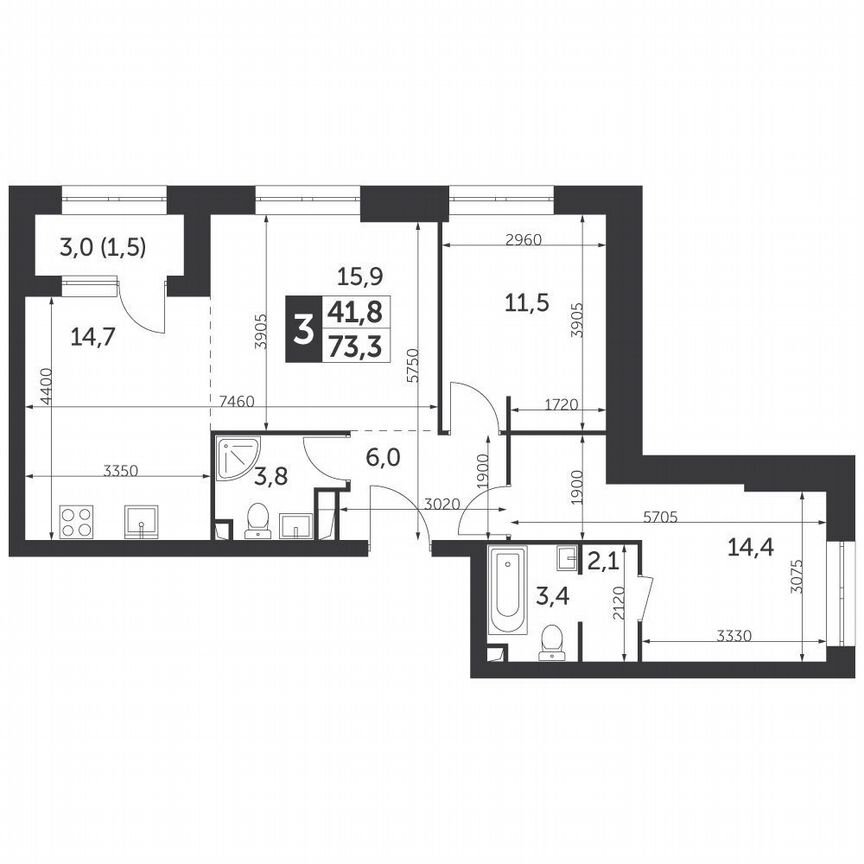 2-к. квартира, 73,3 м², 13/13 эт.