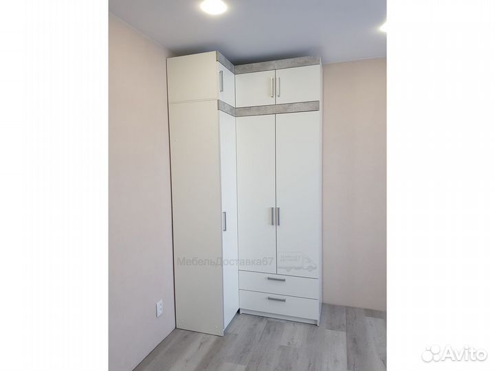 Шкаф угловой (250х90-130х50) белый/бетон светлый