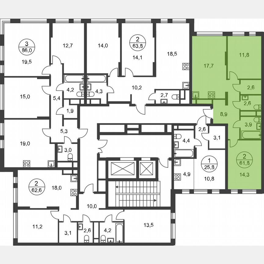 2-к. квартира, 61,8 м², 12/17 эт.