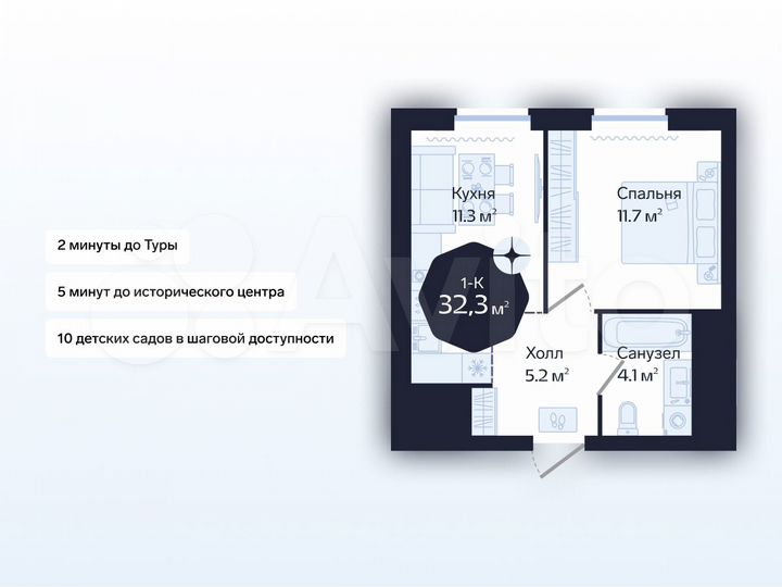 1-к. квартира, 32,3 м², 6/16 эт.