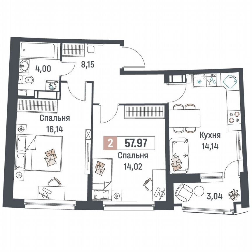 2-к. квартира, 58 м², 5/18 эт.
