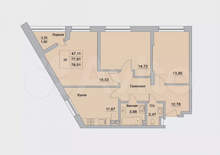 3-к. квартира, 79,5 м², 4/15 эт.