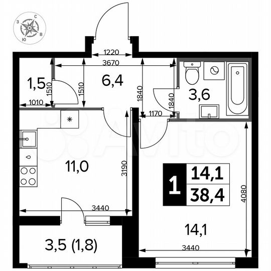 1-к. квартира, 38,4 м², 22/24 эт.