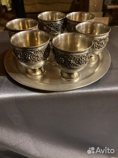 Старинный мельхиоровый набор для коньяка