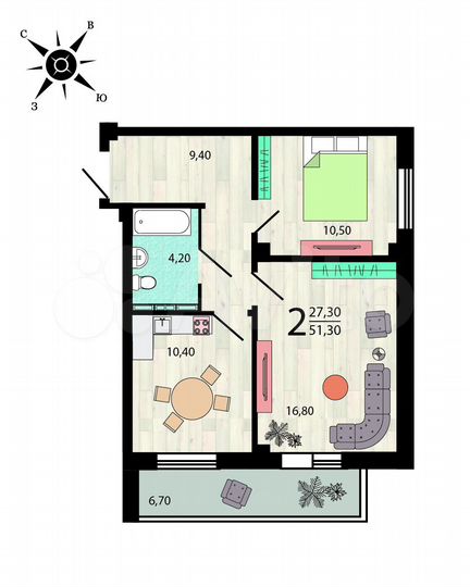 2-к. квартира, 50,5 м², 7/9 эт.