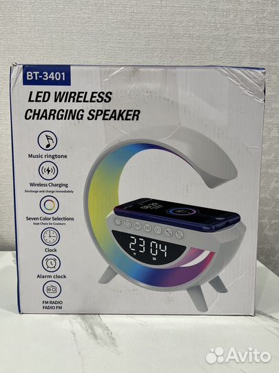 Лампа ночник колонка часы беспроводная зарядка