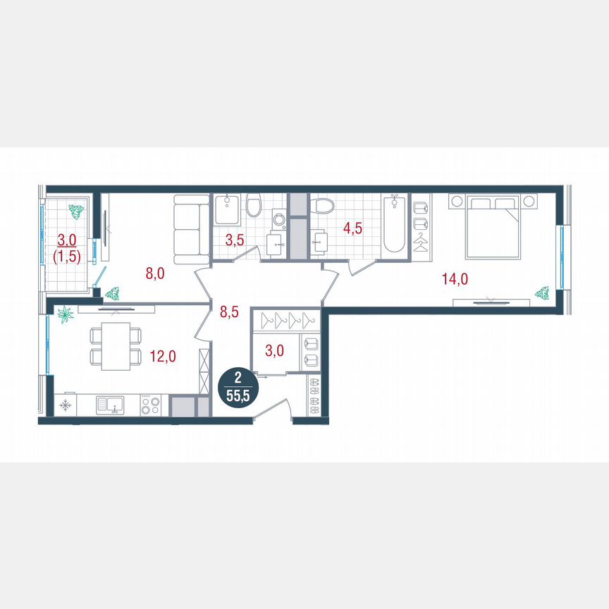 2-к. квартира, 55 м², 2/17 эт.