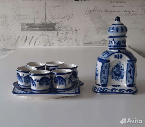 Штоф коньячный, стопки, поднос Гжель авторская