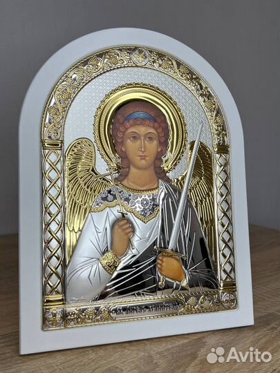 Ангел Хранитель, икона арочная, белое дерево