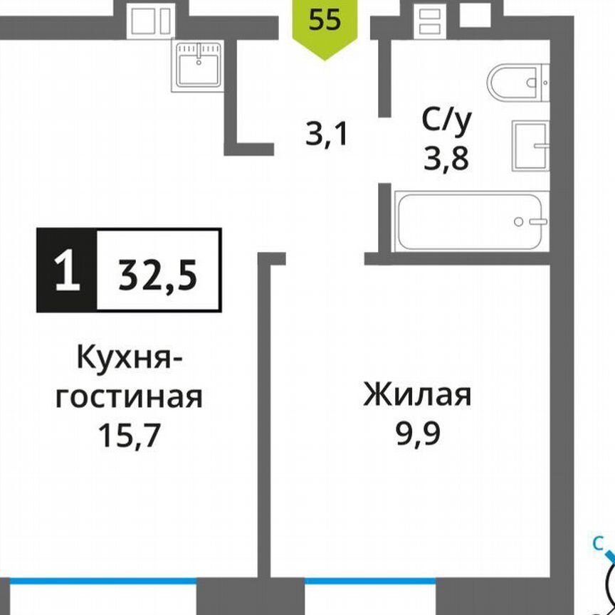 1-к. квартира, 32,5 м², 8/9 эт.