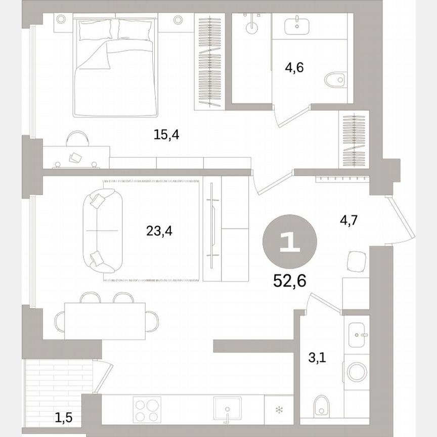 1-к. квартира, 52,2 м², 6/15 эт.