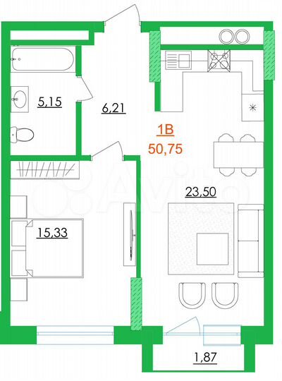 1-к. квартира, 50,8 м², 14/16 эт.