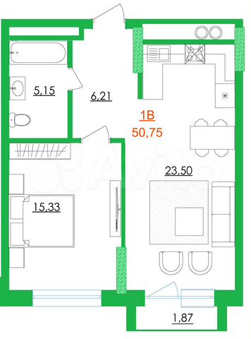 1-к. квартира, 50,8 м², 14/16 эт.