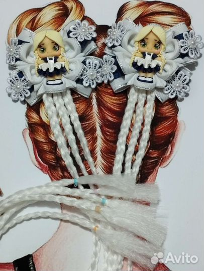 Бантики с косами и куколками ручной работы