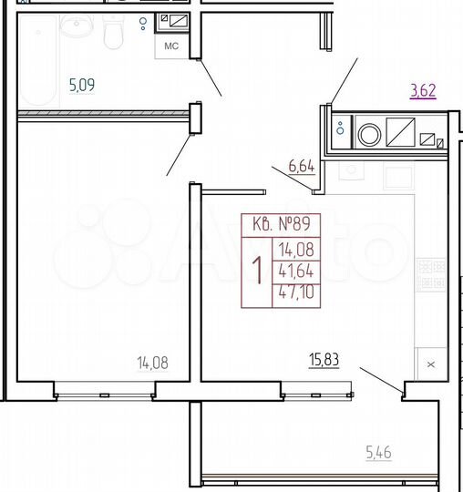 1-к. квартира, 47,1 м², 5/9 эт.