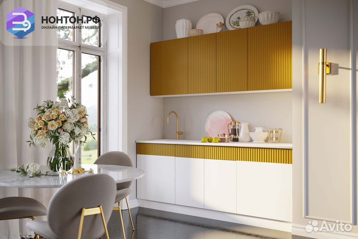 Кухня Оливия 2.0м белый снег софт / софт горчица