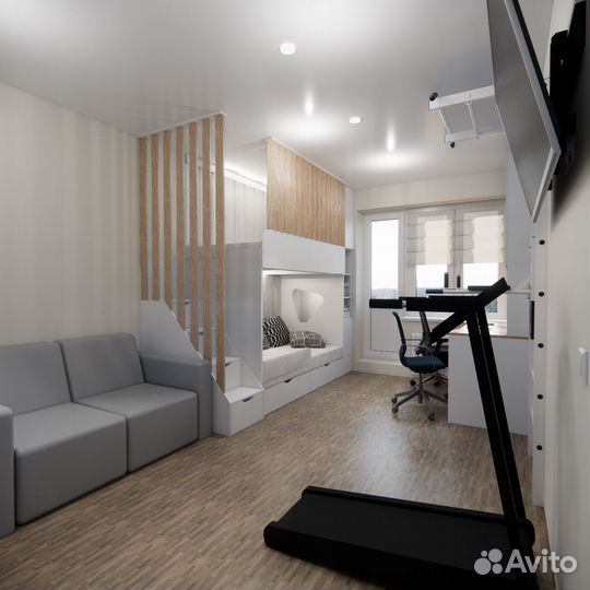 Кровать-чердак 2х-ярусная эко c рейками