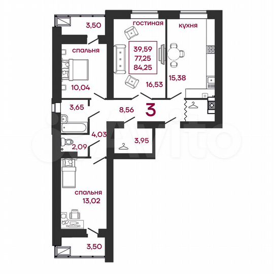 3-к. квартира, 84,3 м², 1/5 эт.