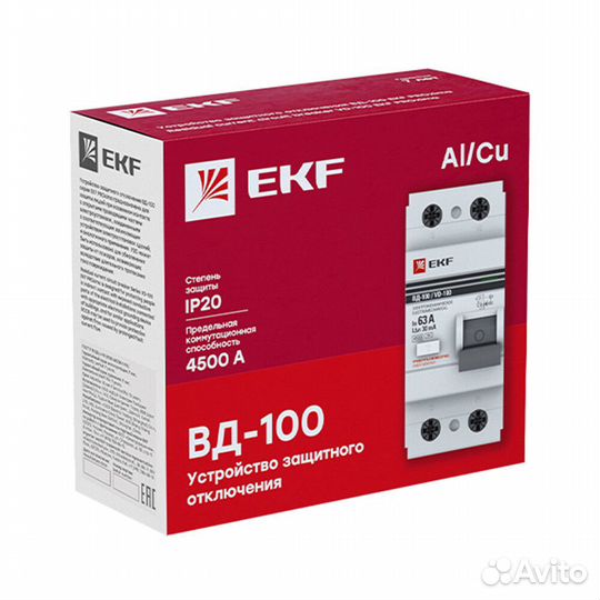 Узо EKF (elcb-2-63-300-em-pro) 63А 300 мА 2P тип ас 4,5 кА