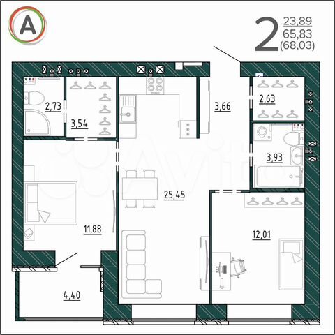 2-к. квартира, 68 м², 9/9 эт.
