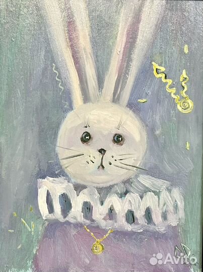 Картина маслом белый кролик 15х20