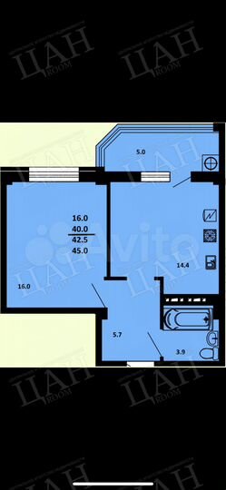 1-к. квартира, 46,4 м², 2/9 эт.