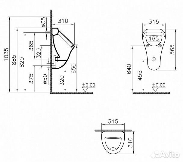 6201B003-0199 Arkitekt писсуар, подвод воды сзади