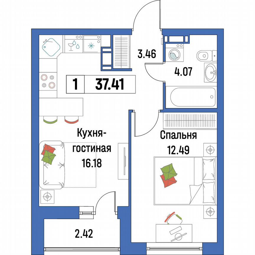 1-к. квартира, 37,4 м², 9/16 эт.