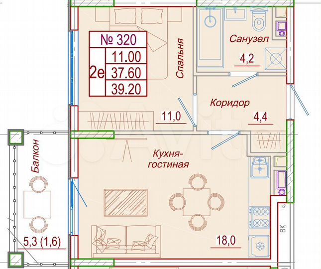 1-к. квартира, 39,2 м², 4/6 эт.