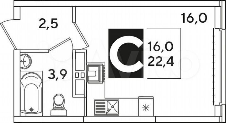 Квартира-студия, 22,4 м², 13/16 эт.