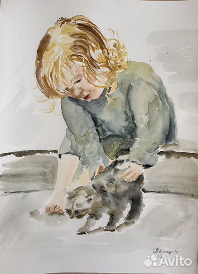 Картина Акварель Мама Дети Животные котенок