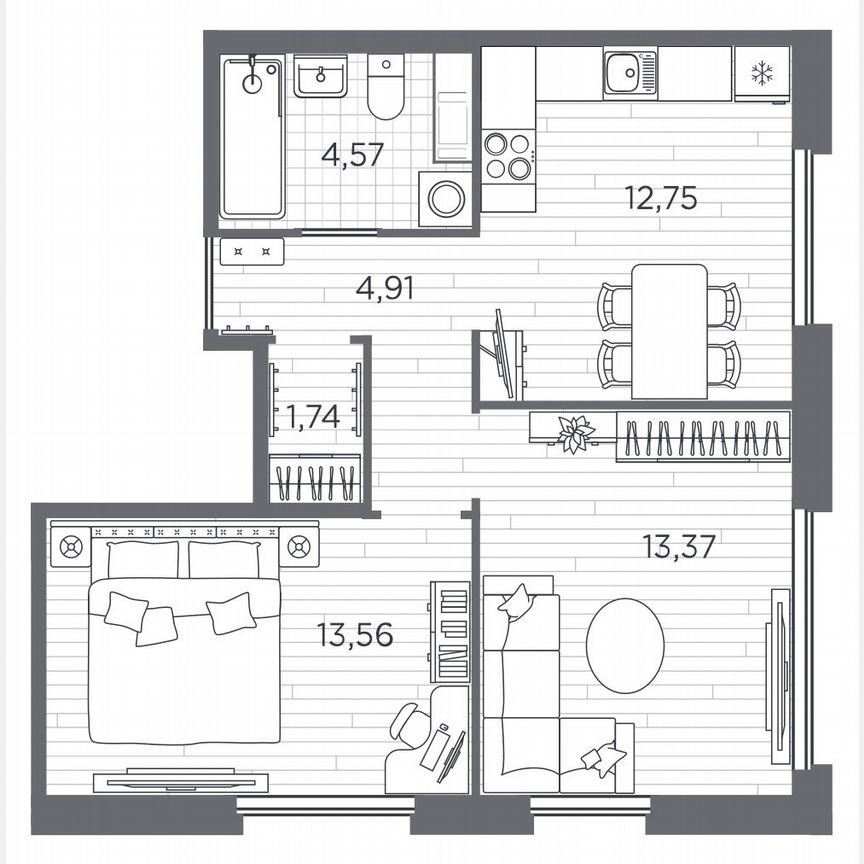 2-к. квартира, 50,9 м², 2/5 эт.
