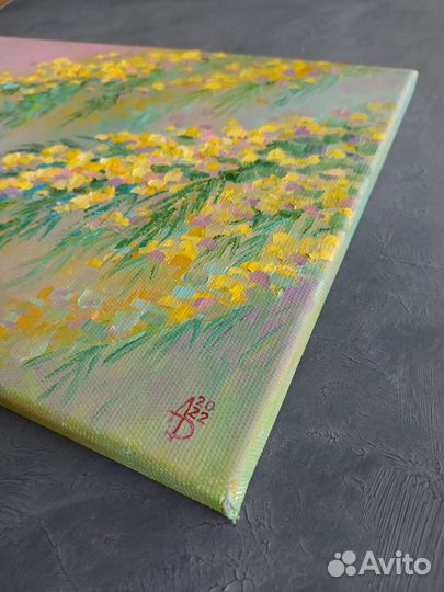 Картина маслом на холсте цветы весенняя мимоза