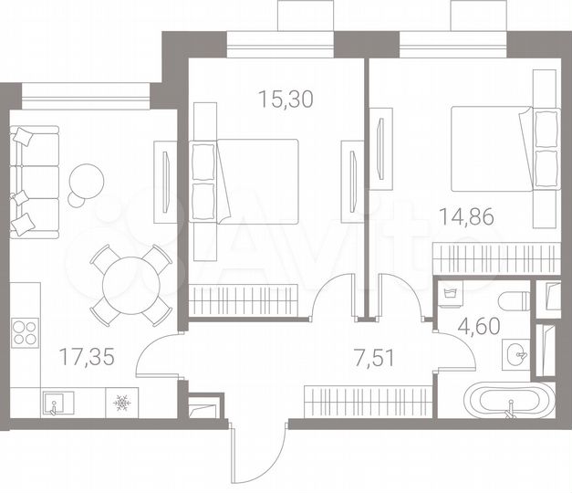 2-к. квартира, 59,6 м², 8/15 эт.