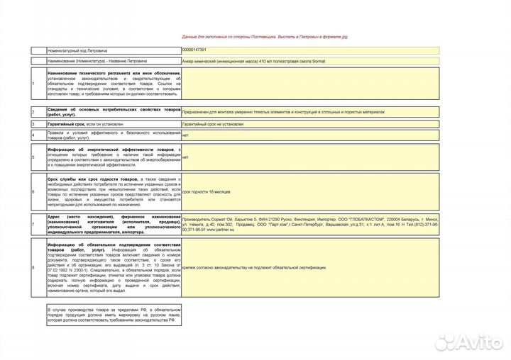 Химический анкер инжекционная масса 410 мл полиэстровая смола Sormat