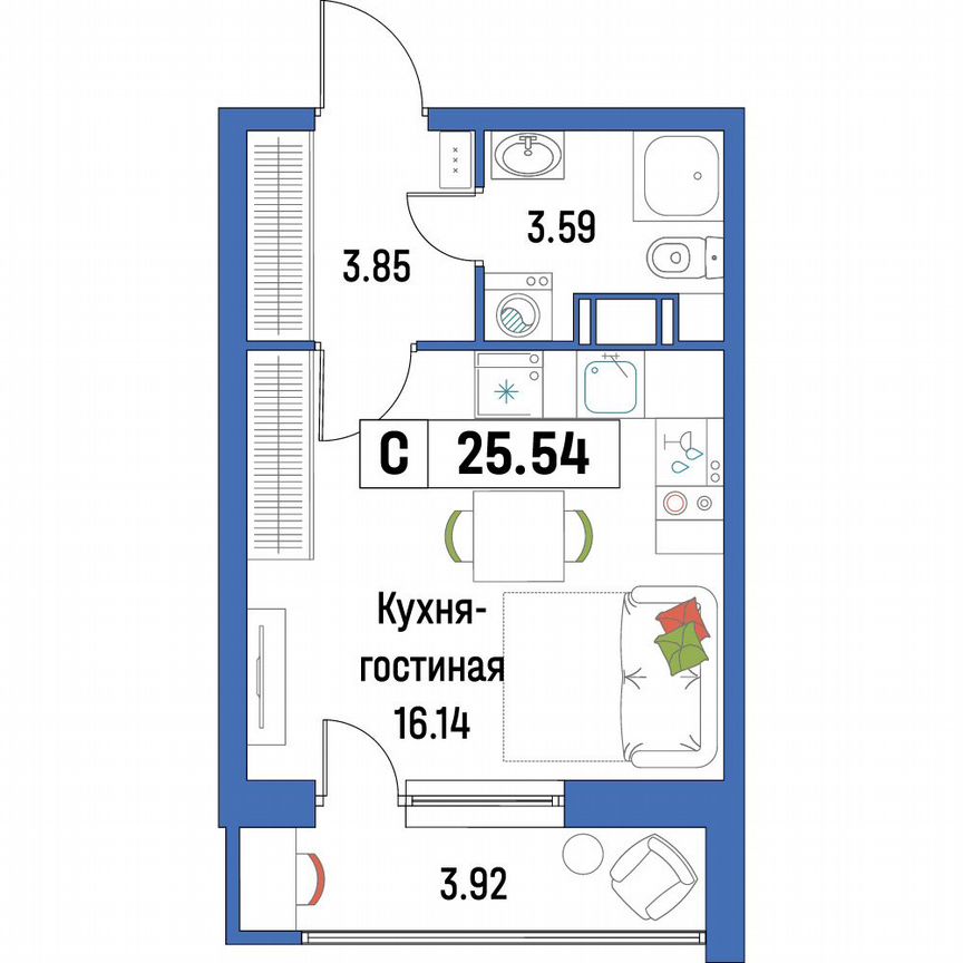 Квартира-студия, 25,5 м², 9/16 эт.