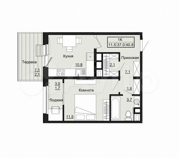 1-к. квартира, 40,8 м², 1/9 эт.