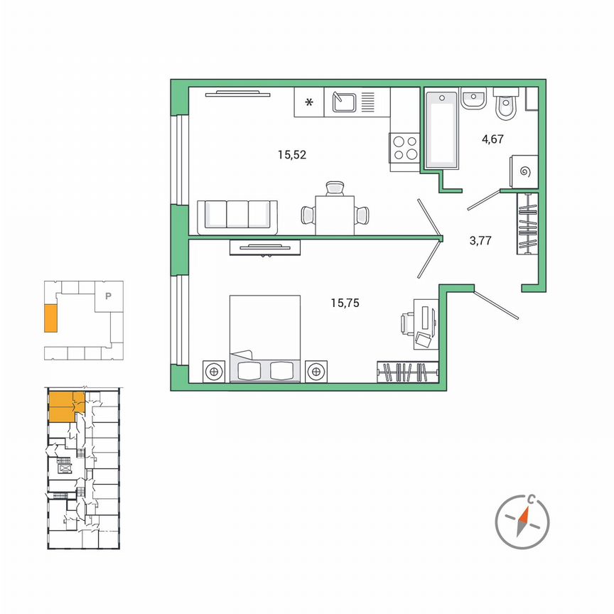 1-к. квартира, 39,6 м², 1/7 эт.