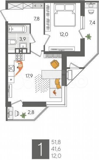 1-к. квартира, 51,8 м², 4/24 эт.