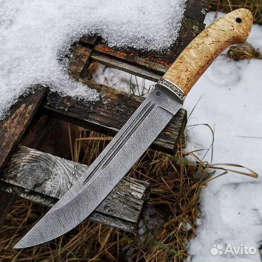 Нож Засапожный из дамасской стали карельская берез